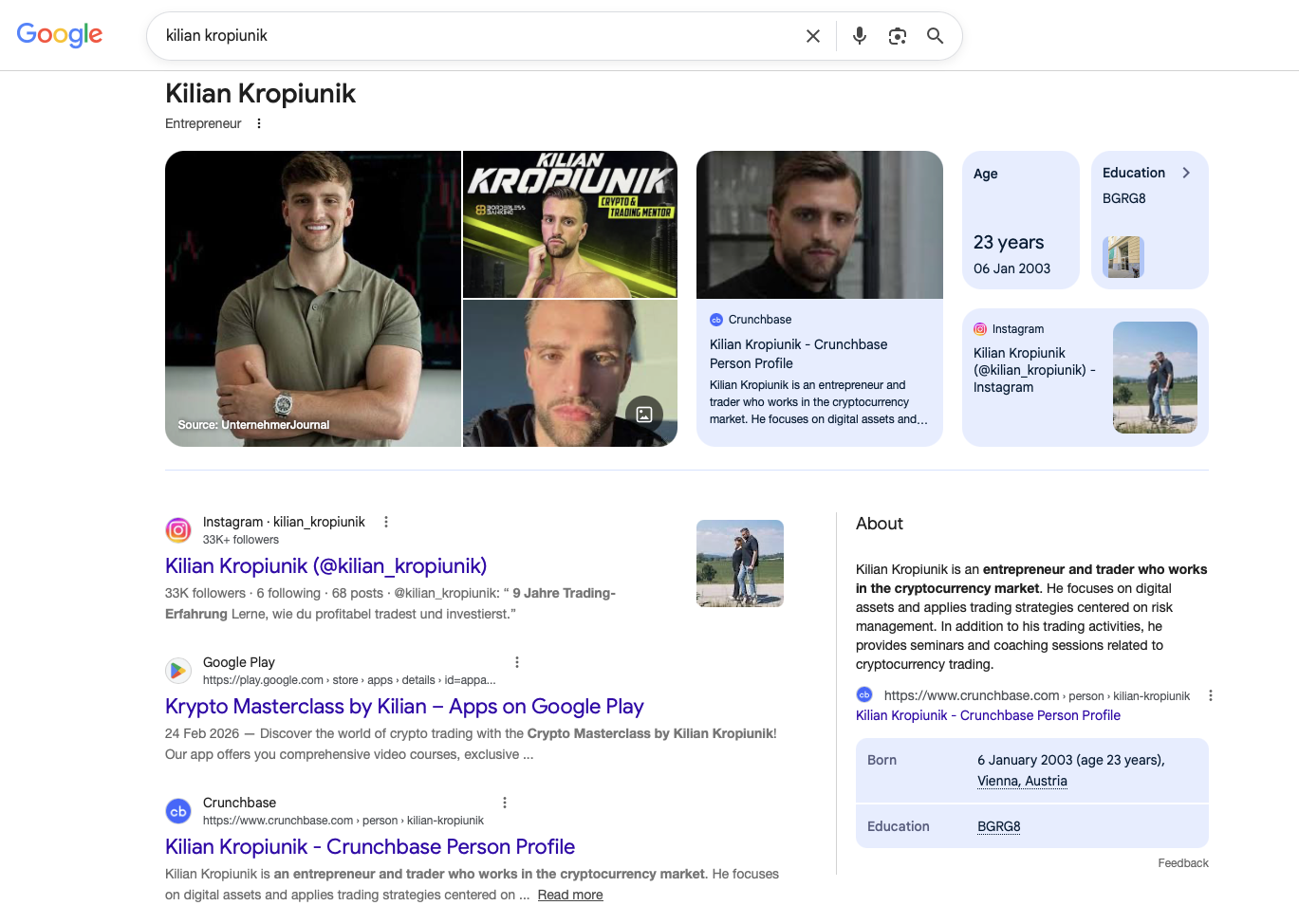 Google Knowledge Panel von Kilian Kropiunik